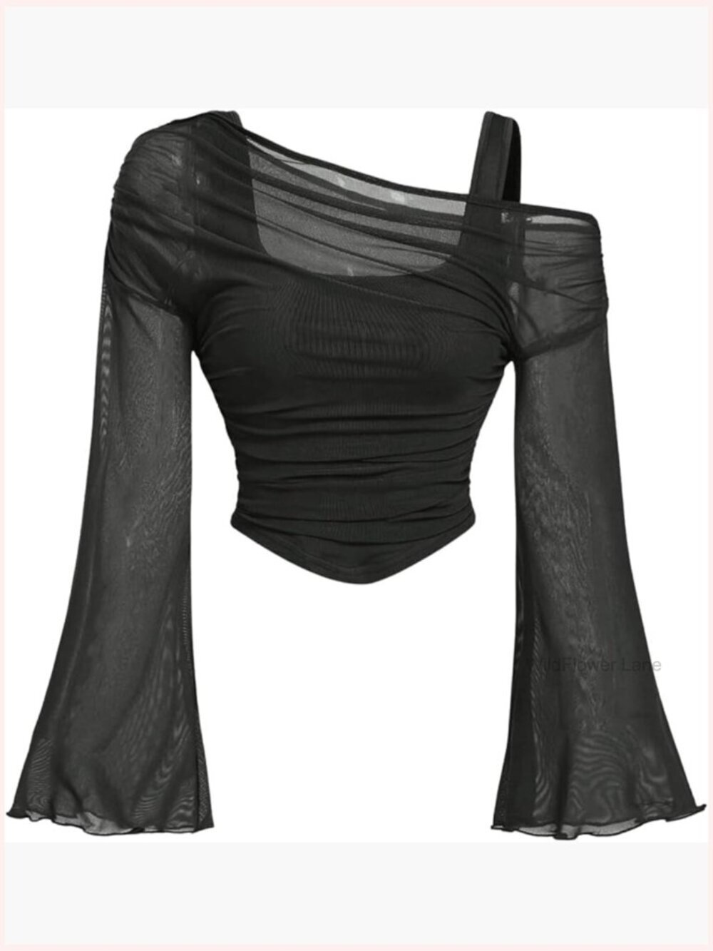 Off Shoulder Long Bell Sleeve Mesh Crop Top Rave Clubwear
